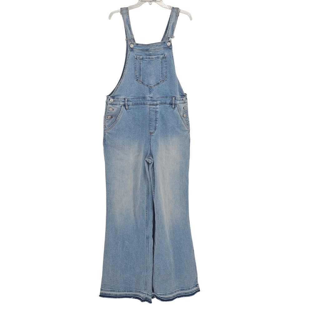 Cleo + Wolf Wide Leg Denim Overalls L‎ Light Blue Raw Hem Boho Retro Casual